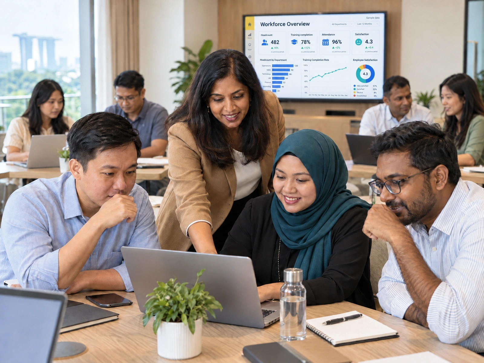 Singaporean professionals learning with a trainer and a sample analytics dashboard.