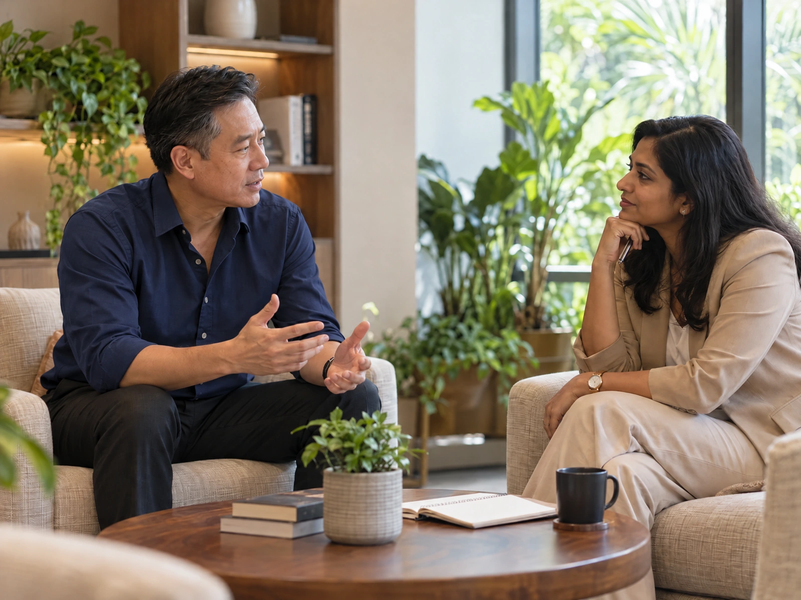 Two Singaporean professionals having a leadership coaching conversation.